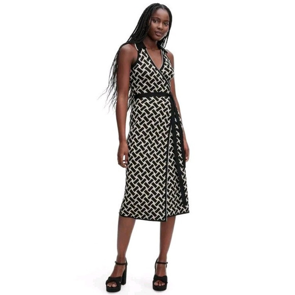 Diane von Furstenberg ~Woman Size S~ Black/White Wrap Knit Summer Midi Dress NWT - Picture 1 of 13